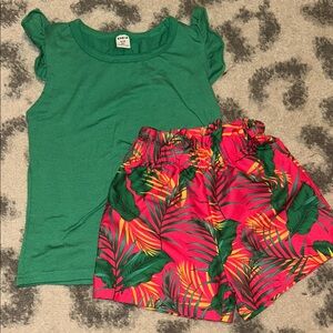 SHEIN Green Top with Pink Tropical Print Shorts Kids Matching Set